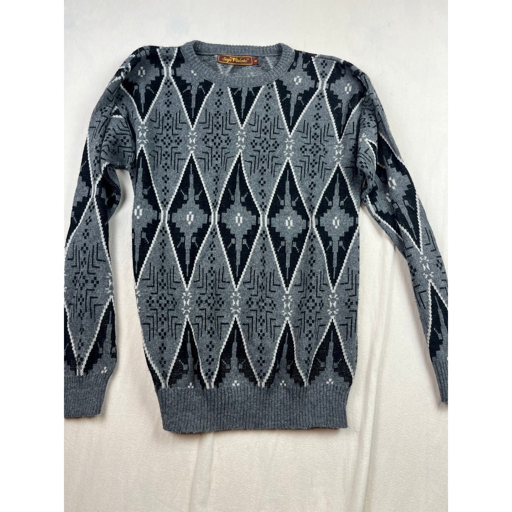 Sergio Valente Mens Gray Black Geometric Argyle Knit Crewneck Sweater Small